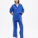 Mara Oversized Long Sleeve Shirt in cobalt blue with structured 100% cotton pinpoint fabric and relaxed fit