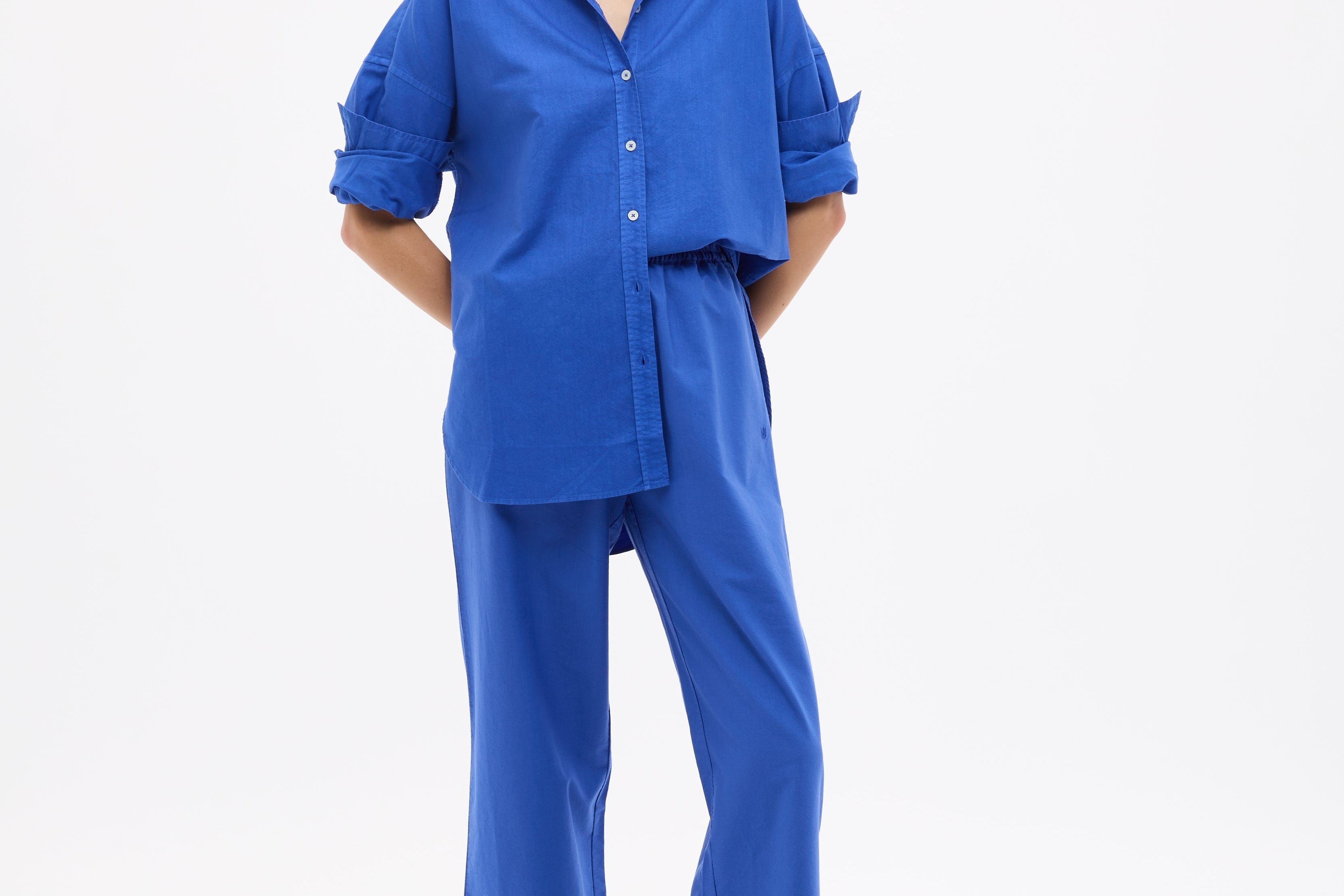 Mara Oversized Long Sleeve Shirt in cobalt blue with structured 100% cotton pinpoint fabric and relaxed fit
