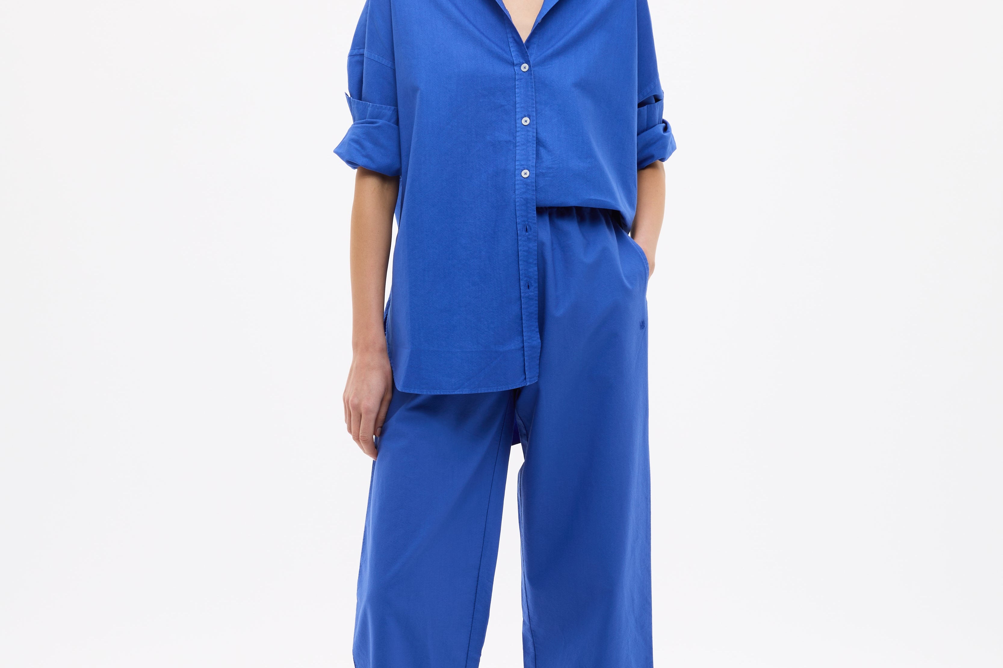 Mara Oversized Long Sleeve Shirt in cobalt blue with crisp tailored fit and 100% cotton pinpoint fabric