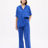 Mara Oversized Long Sleeve Shirt in cobalt blue with structured cotton pinpoint fabric and relaxed fit
