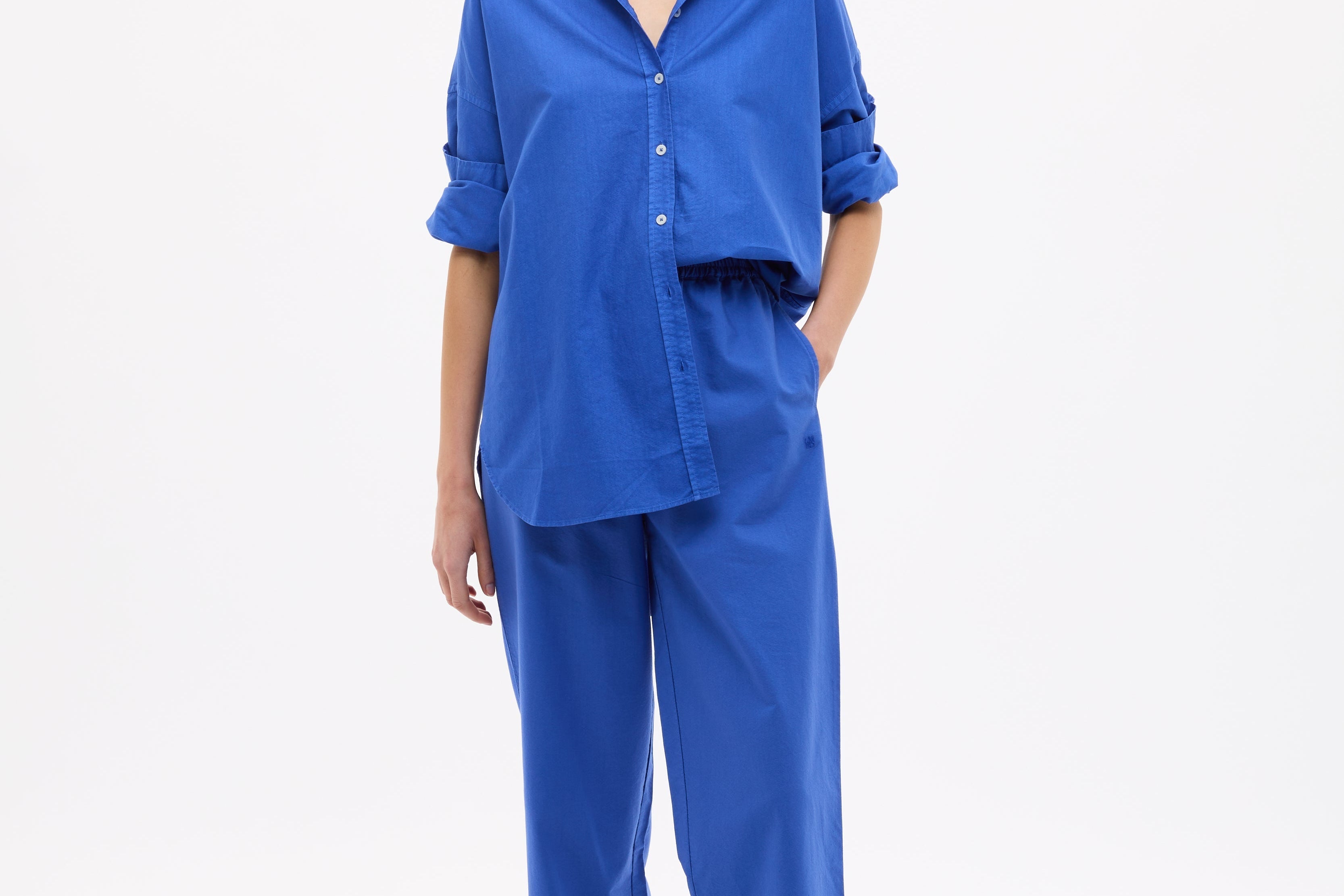 Mara Oversized Long Sleeve Shirt in cobalt blue with structured cotton pinpoint fabric and relaxed fit