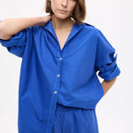 Mara Oversized Long Sleeve Shirt in cobalt blue with structured cotton fabric and relaxed fit