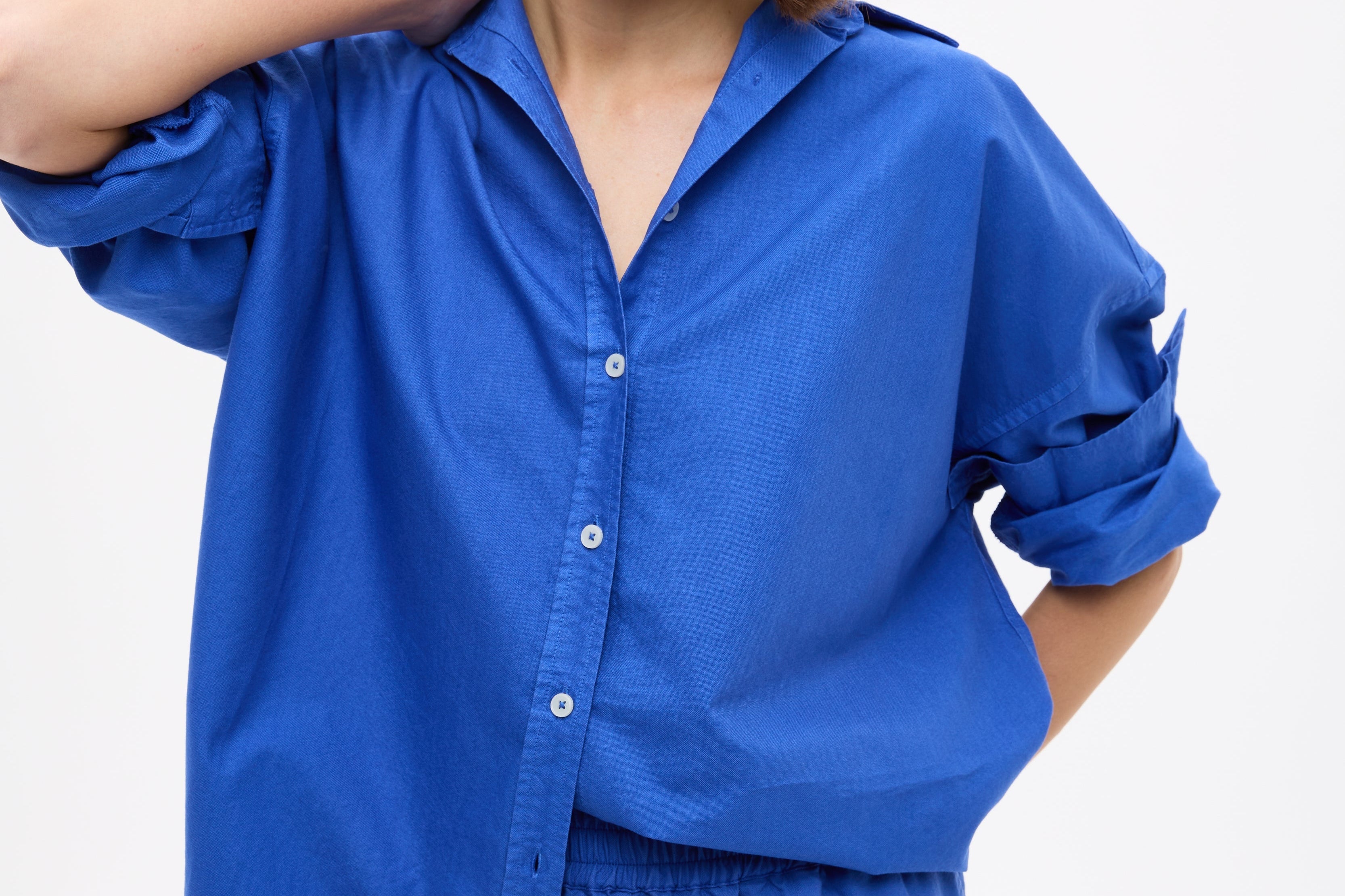 Mara Oversized Long Sleeve Shirt in cobalt blue with structured cotton fabric and relaxed fit