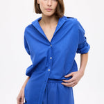 Mara Oversized Long Sleeve Shirt in cobalt blue, 100% cotton, structured oversized fit, long sleeves, designed in Sydney
