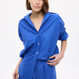 Mara Oversized Long Sleeve Shirt in cobalt blue, 100% cotton, structured oversized fit, long sleeves, designed in Sydney