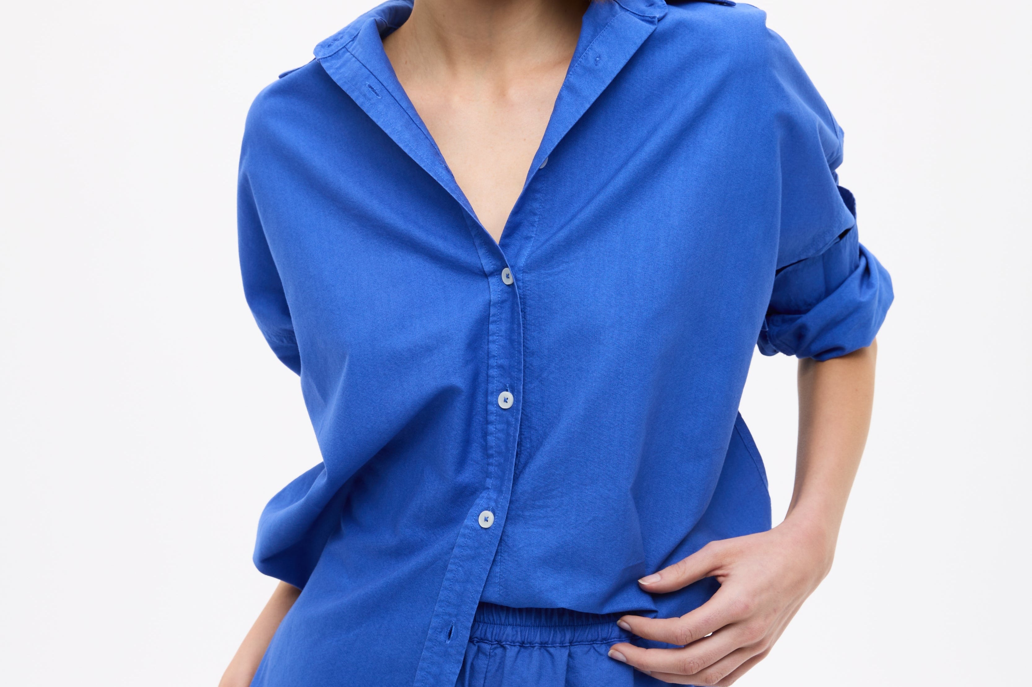Mara Oversized Long Sleeve Shirt in cobalt blue, 100% cotton, structured oversized fit, long sleeves, designed in Sydney