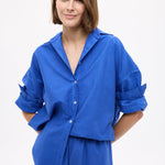Mara Oversized Long Sleeve Shirt in cobalt blue with structured 100% cotton pinpoint fabric and oversized fit