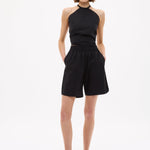 Black mid length cotton shorts with elastic waistband and side pockets