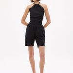 Black mid length cotton shorts with elastic waistband and side pockets