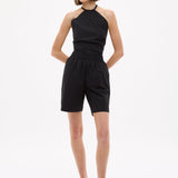 Black mid length cotton shorts with elastic waistband and side pockets