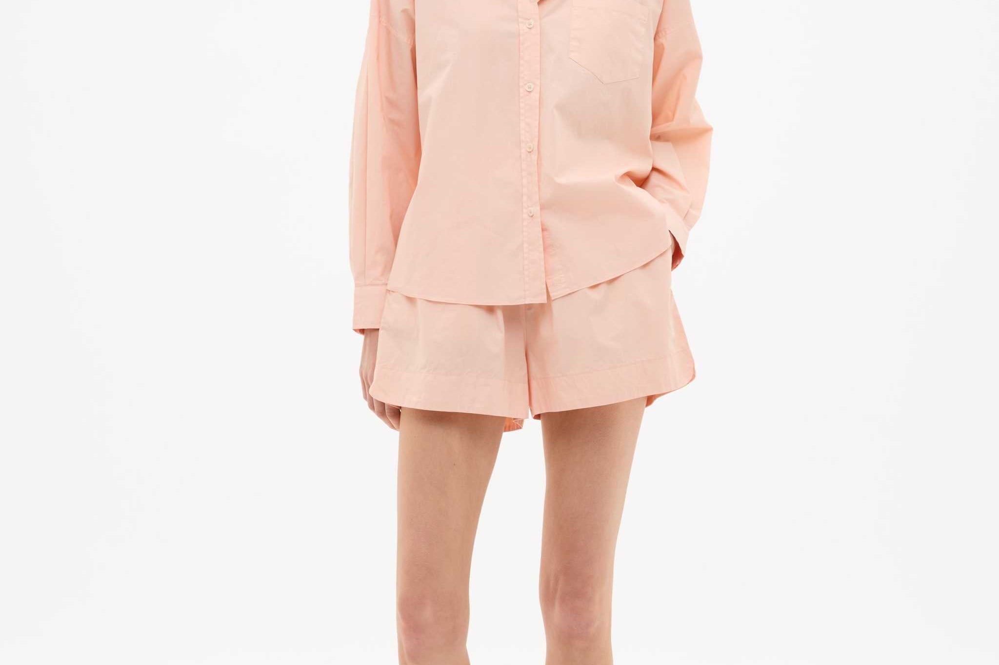 Model wearing Chiara Long Sleeve Cotton Shirt with custom stripe and chest pocket in relaxed fit