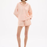 Chiara Long Sleeve Cotton Shirt in Spanish Villa with custom stripe, chest pocket, oversized relaxed fit, and drop shoulders.