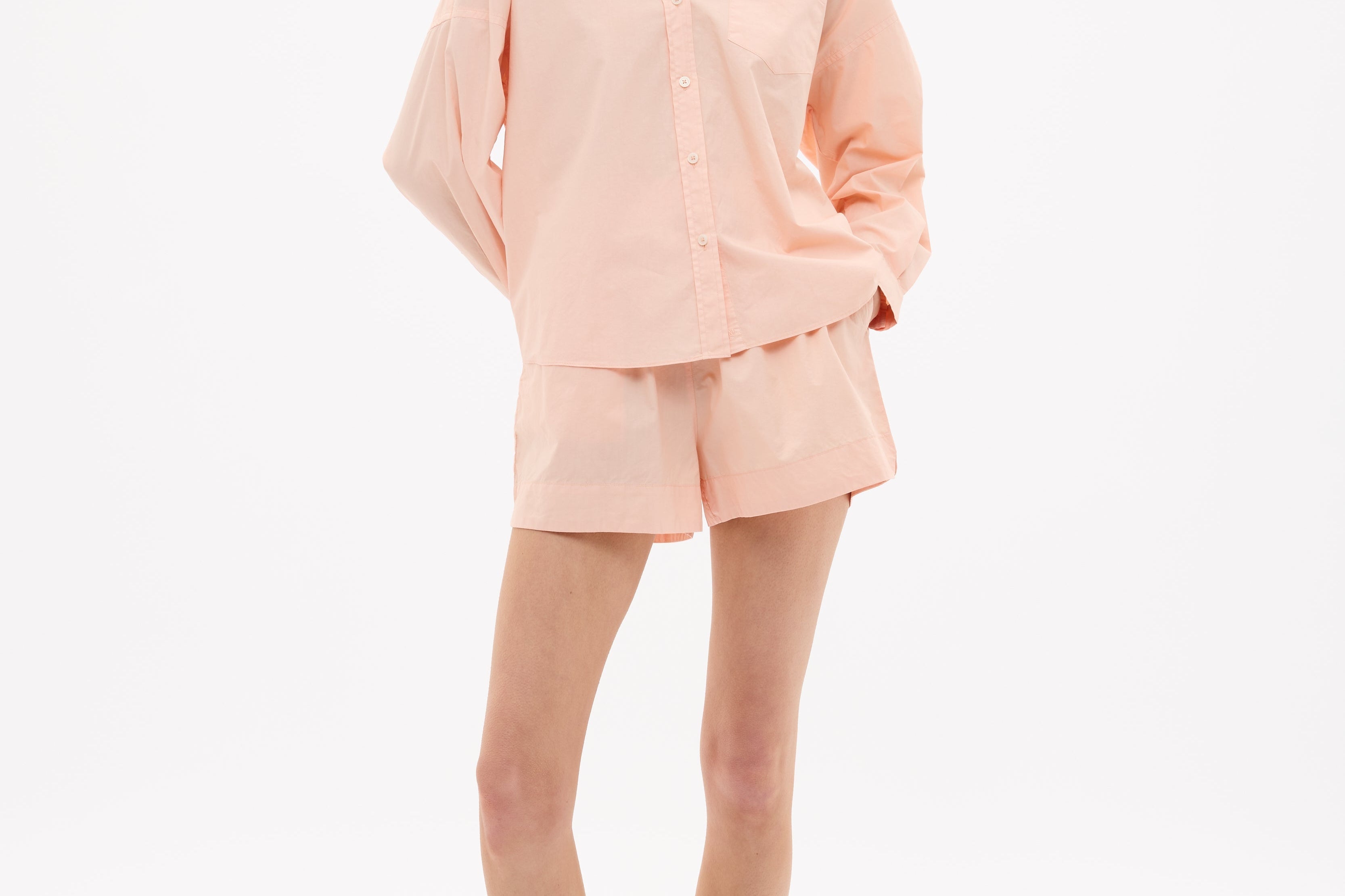 Chiara Long Sleeve Cotton Shirt in Spanish Villa with custom stripe, chest pocket, oversized relaxed fit, and drop shoulders.