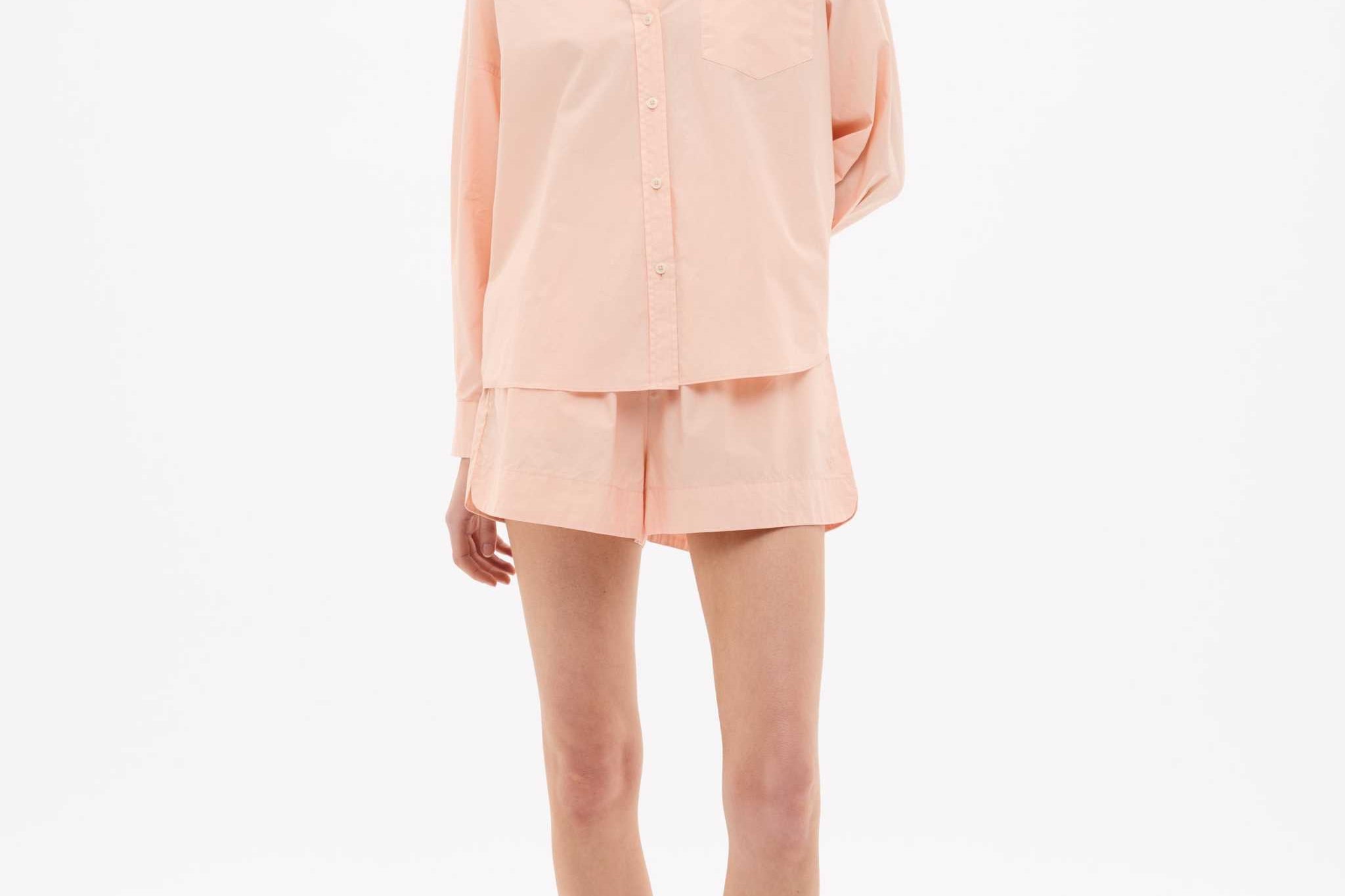 Chiara Long Sleeve Cotton Shirt in Spanish Villa with custom stripe, chest pocket, and relaxed fit on model