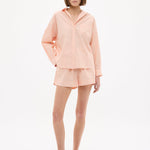 Chiara Long Sleeve Cotton Shirt with custom stripe, chest pocket, drop shoulders, relaxed fit, lightweight cotton, garment-dyed for color depth.