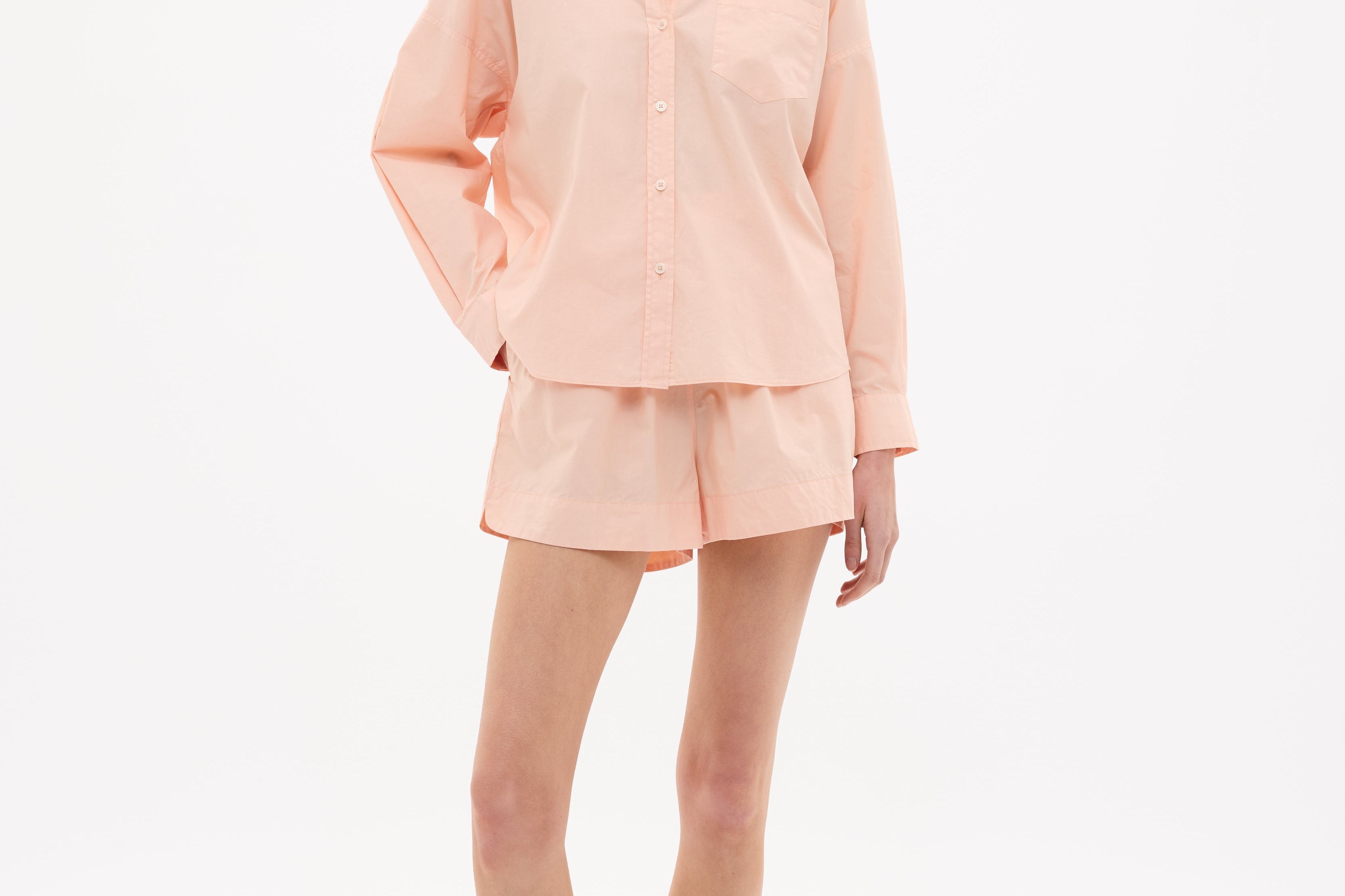 Chiara Long Sleeve Cotton Shirt with custom stripe, chest pocket, drop shoulders, relaxed fit, lightweight cotton, garment-dyed for color depth.