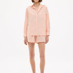 Chiara Long Sleeve Cotton Shirt in Spanish Villa color with custom yarn-dyed stripes, relaxed fit, chest pocket, and drop shoulders.