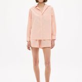 Chiara Long Sleeve Cotton Shirt in Spanish Villa color with custom yarn-dyed stripes, relaxed fit, chest pocket, and drop shoulders.