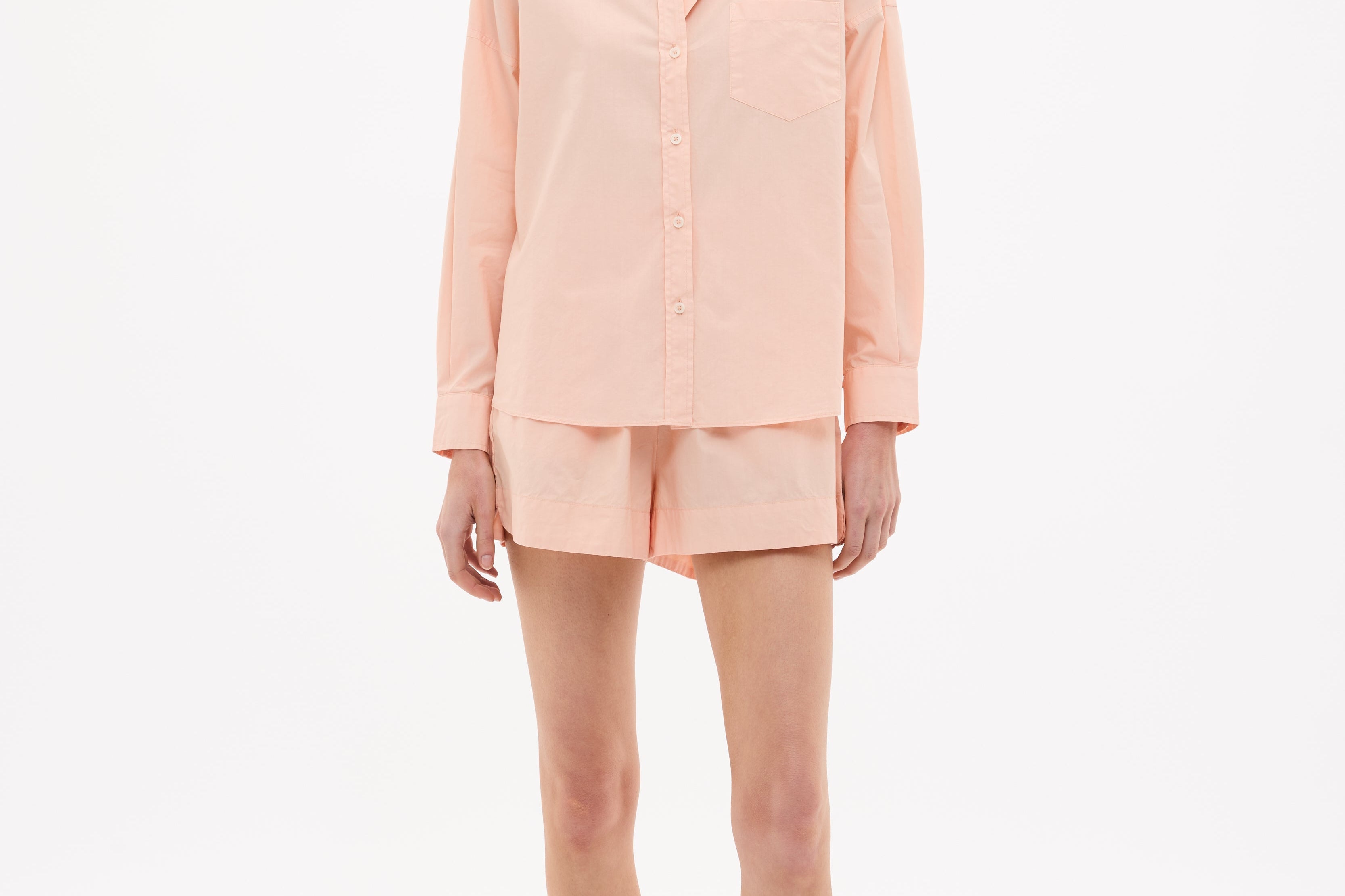Chiara Long Sleeve Cotton Shirt in Spanish Villa color with custom yarn-dyed stripes, relaxed fit, chest pocket, and drop shoulders.