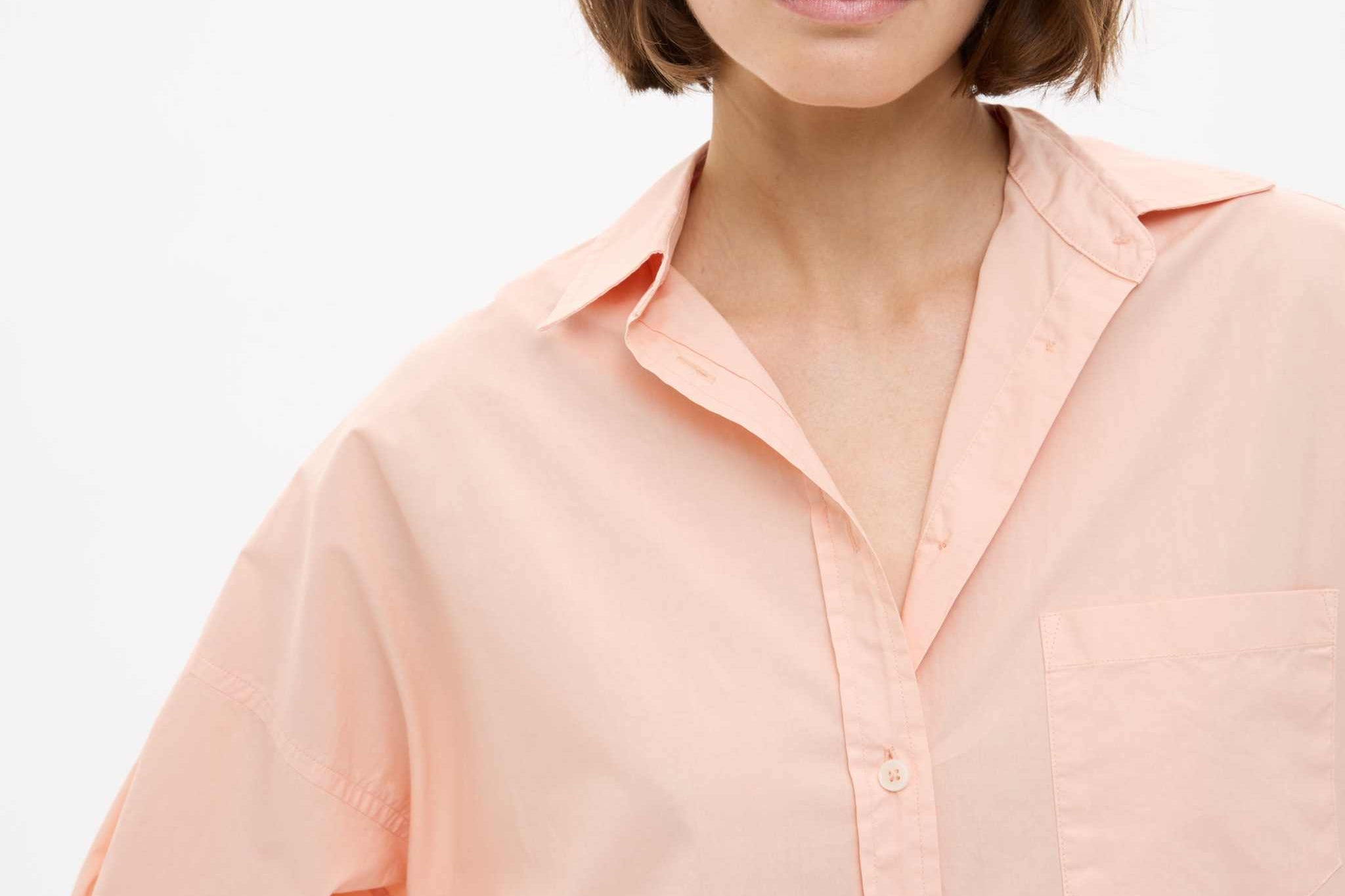 Chiara Long Sleeve Cotton Shirt in Spanish Villa with custom stripe, chest pocket, and relaxed fit