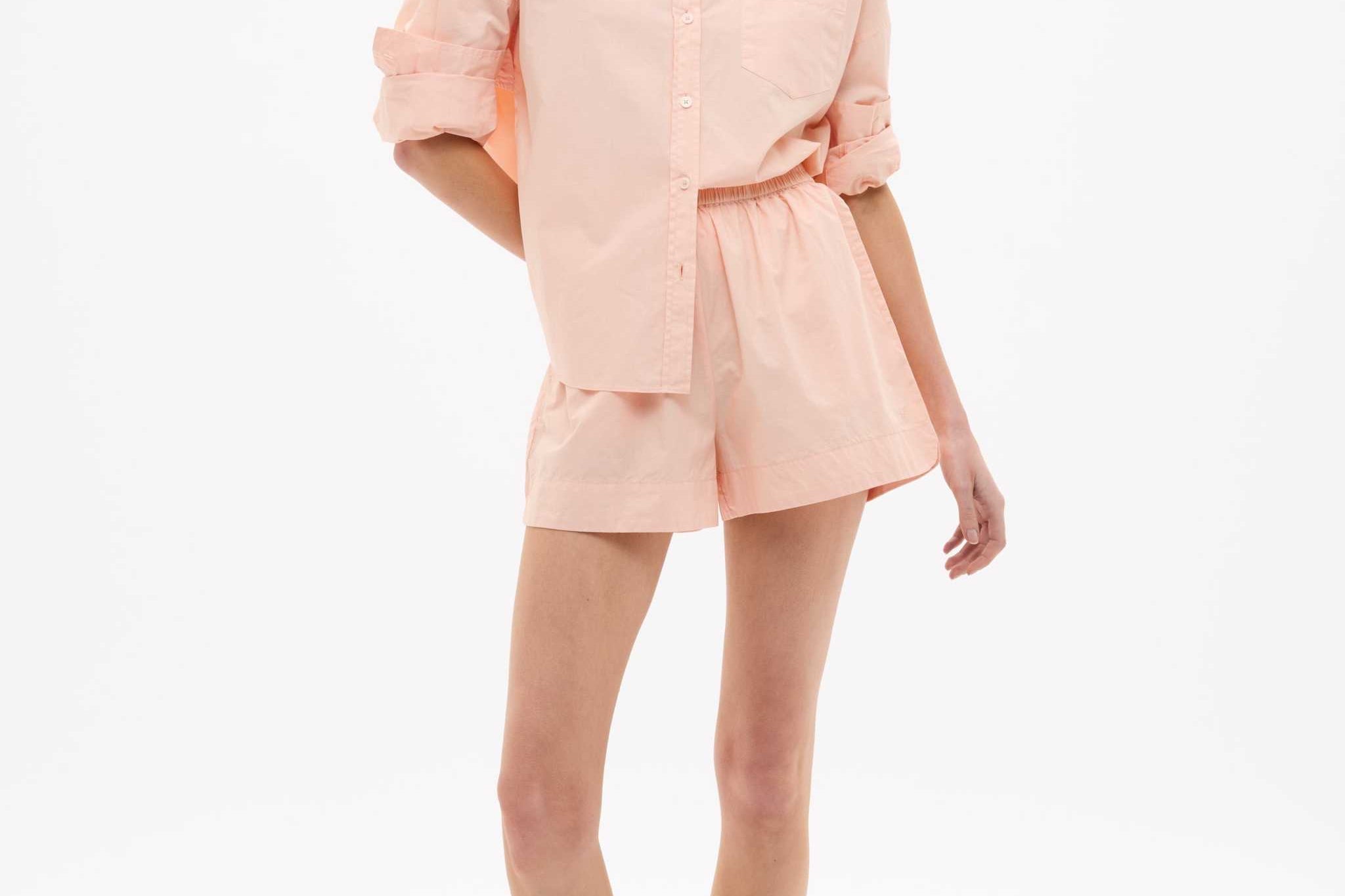 Chiara Long Sleeve Cotton Shirt in custom stripe with relaxed fit and chest pocket, lightweight yarn-dyed cotton design.