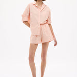 Chiara Long Sleeve Cotton Shirt in custom stripe with relaxed fit and chest pocket, lightweight yarn-dyed cotton design.