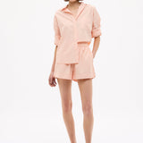Chiara Long Sleeve Cotton Shirt in Spanish Villa with custom stripe, chest pocket, and relaxed fit model wearing size S