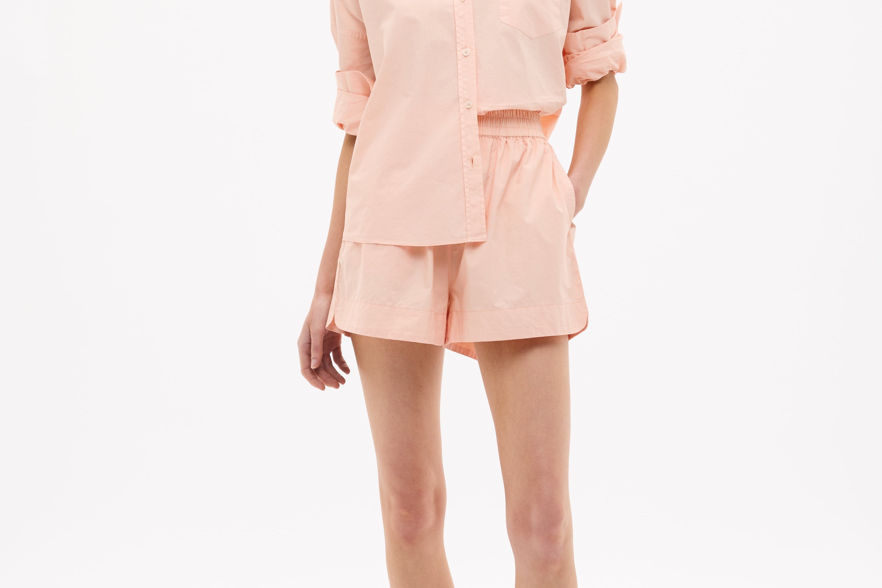 Chiara Long Sleeve Cotton Shirt in Spanish Villa with custom stripe, chest pocket, and relaxed fit model wearing size S