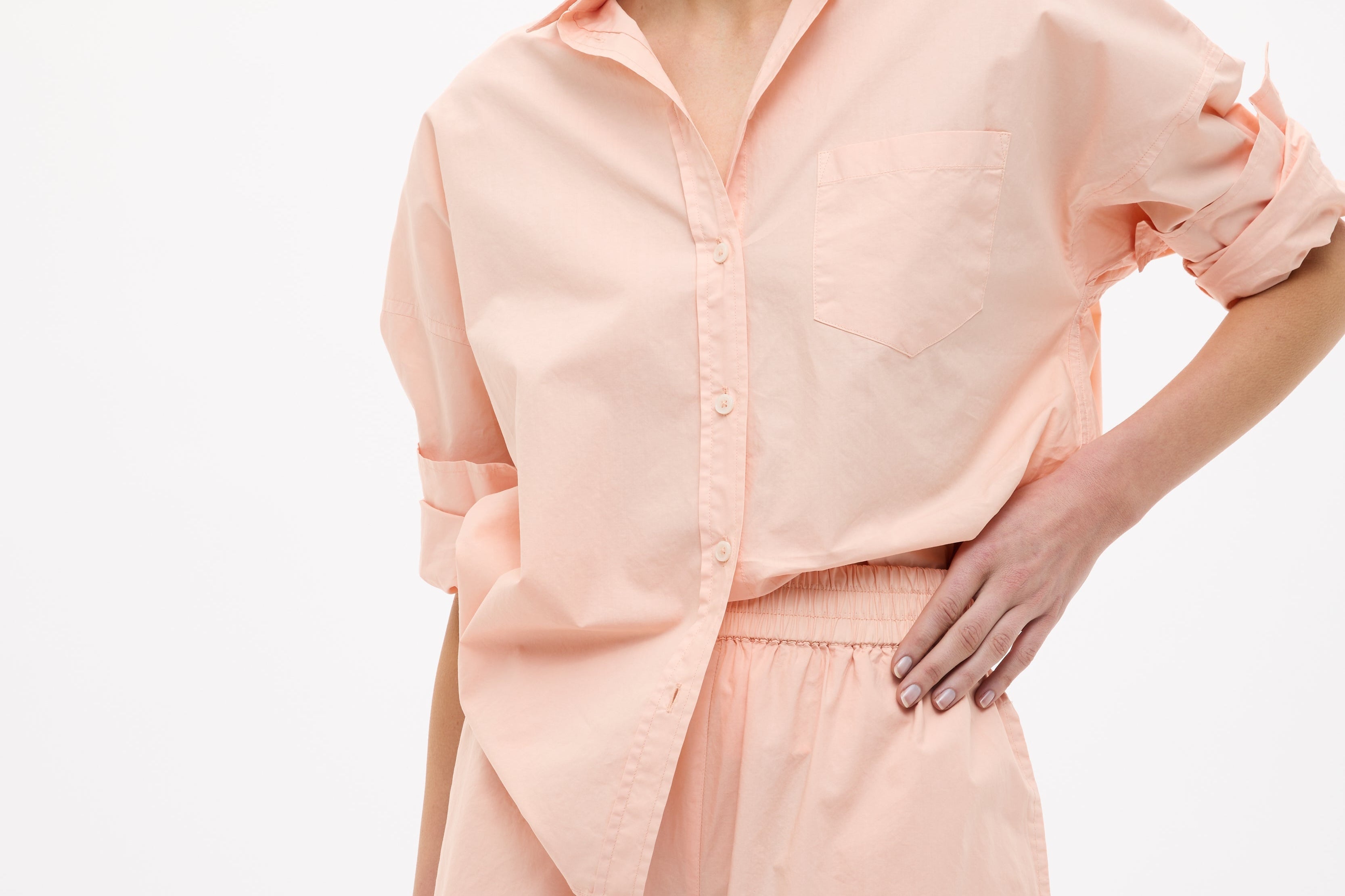 Chiara Long Sleeve Cotton Shirt in custom yarn-dyed stripe with drop shoulders and chest pocket
