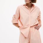 Chiara Long Sleeve Cotton Shirt in custom yarn-dyed stripes with oversized relaxed fit and chest pocket