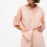 Chiara Long Sleeve Cotton Shirt in custom yarn-dyed stripes with oversized relaxed fit and chest pocket