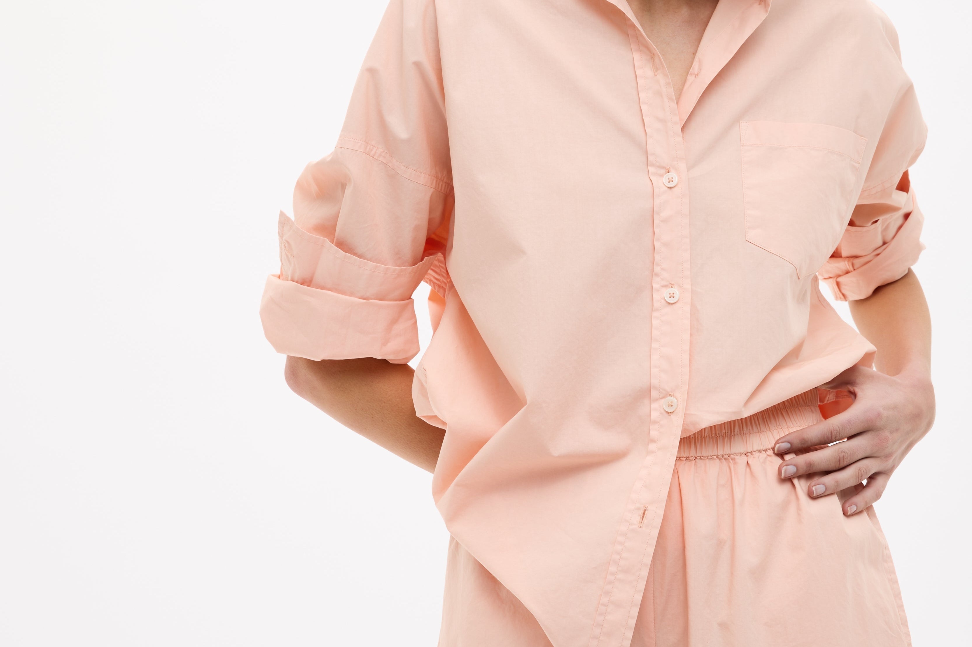Chiara Long Sleeve Cotton Shirt in custom yarn-dyed stripes with oversized relaxed fit and chest pocket