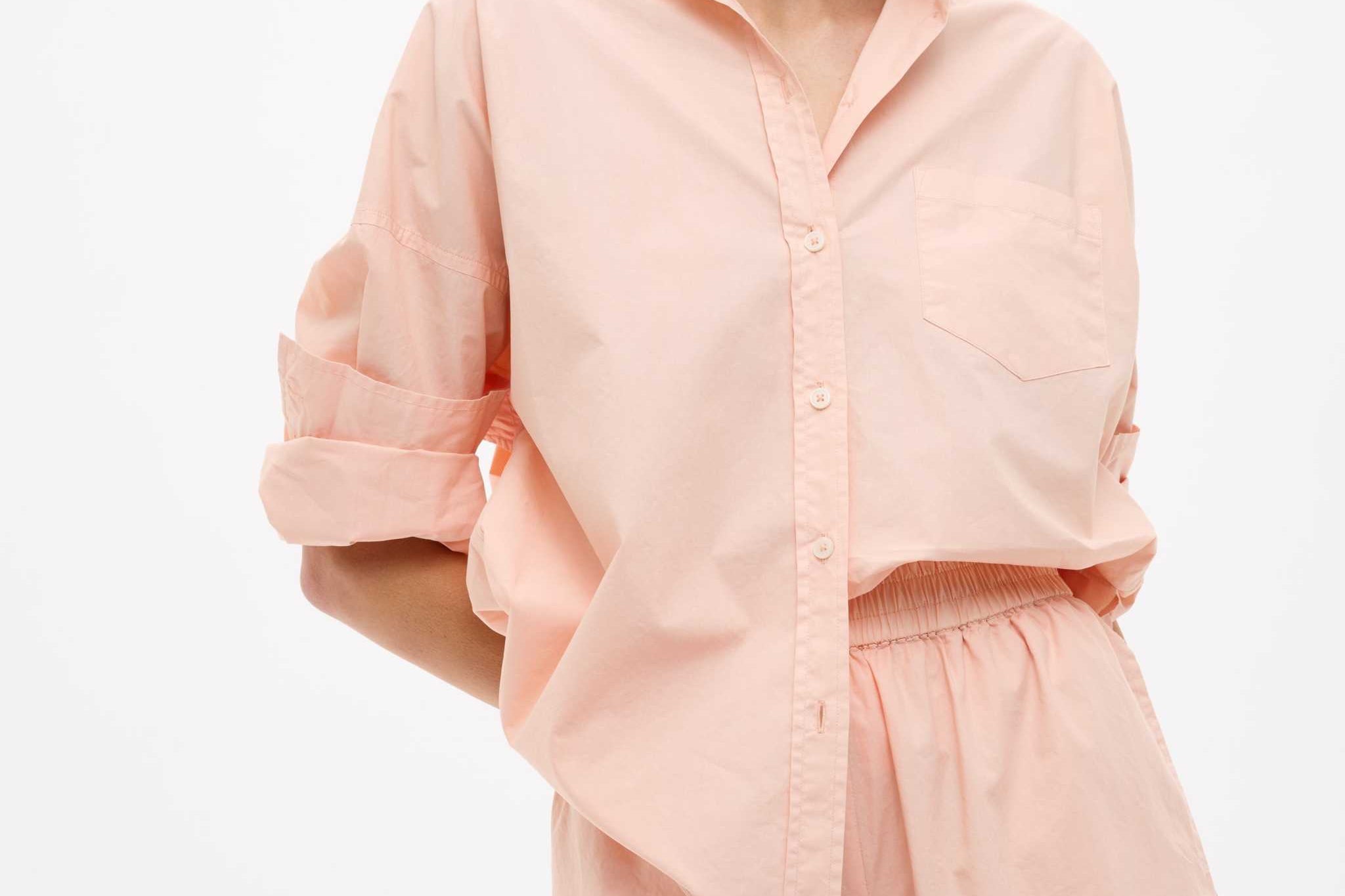 Chiara Long Sleeve Cotton Shirt in Spanish Villa color with custom yarn-dyed stripes and chest pocket, oversized relaxed fit.