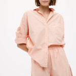 Chiara Long Sleeve Cotton Shirt in Spanish Villa color with custom yarn-dyed stripes and chest pocket, oversized relaxed fit.