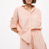 Chiara Long Sleeve Cotton Shirt in Spanish Villa color with custom yarn-dyed stripes and chest pocket, oversized relaxed fit.
