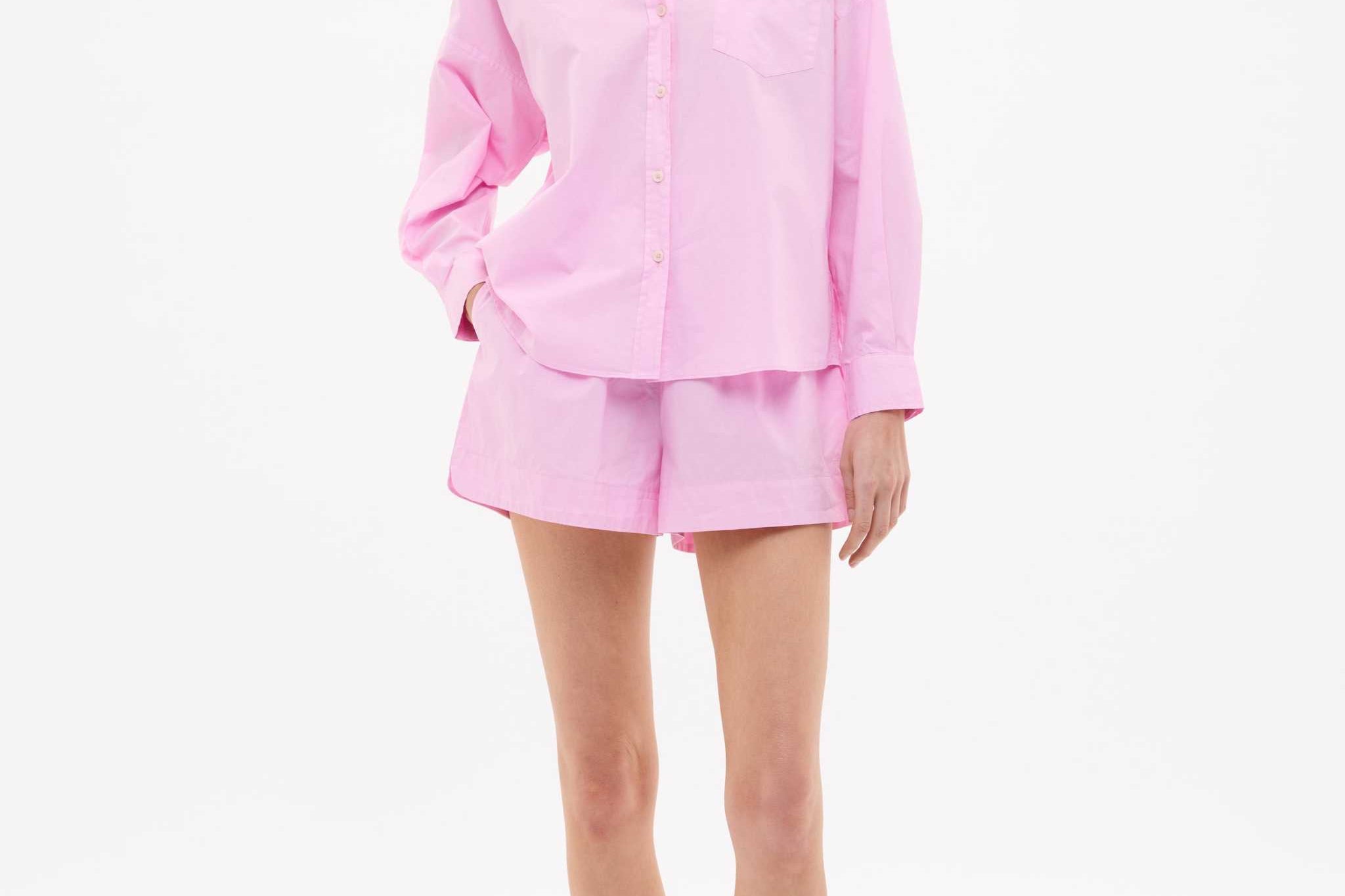 Rose Glow oversized cotton button-up shirt for women with chest pocket and drop shoulders