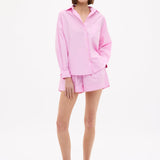 Oversized cotton button-up shirt for women in rose glow with chest pocket and drop shoulders