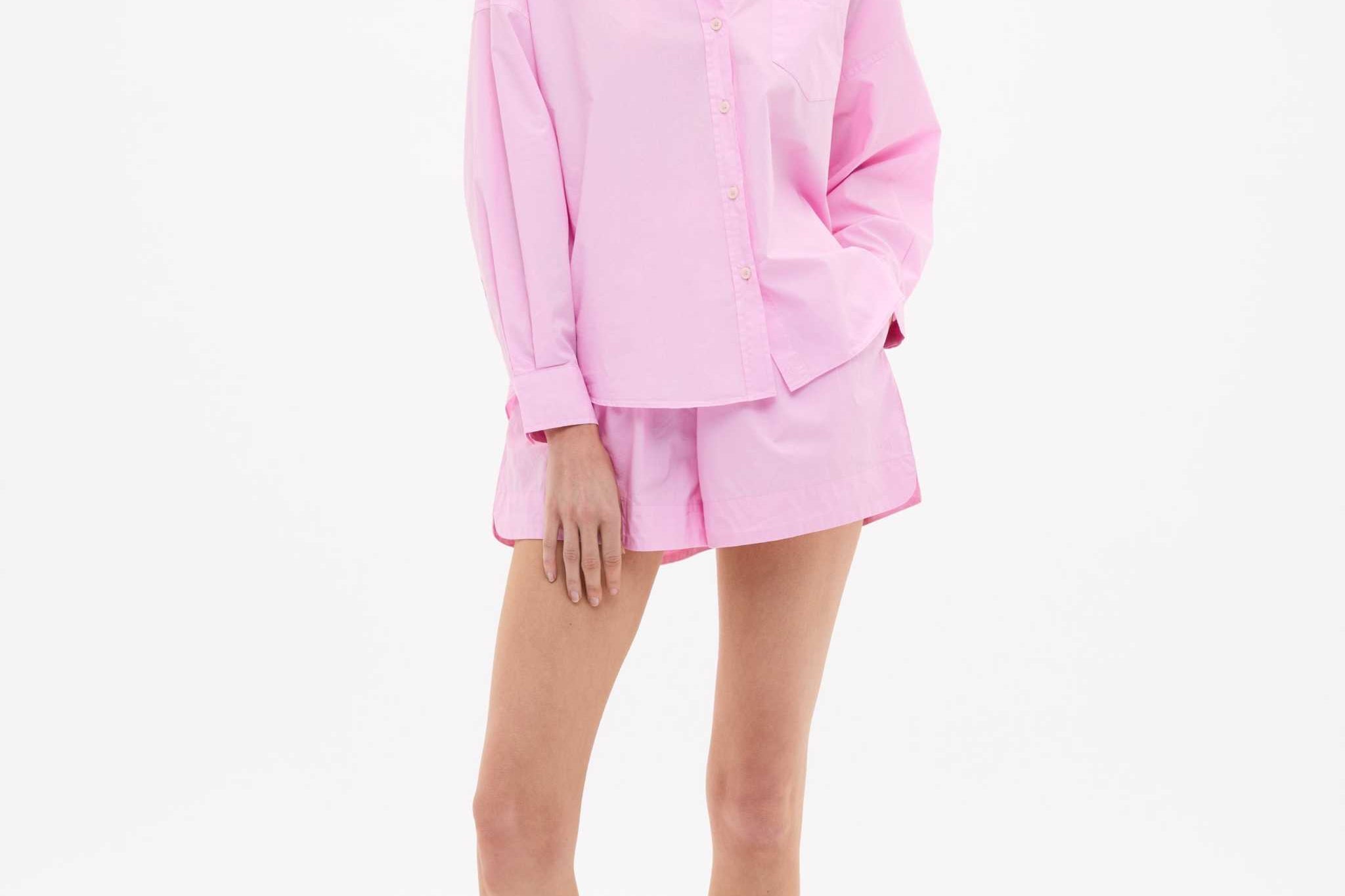 Women wearing rose glow cotton shorts with elastic waistband and side pockets
