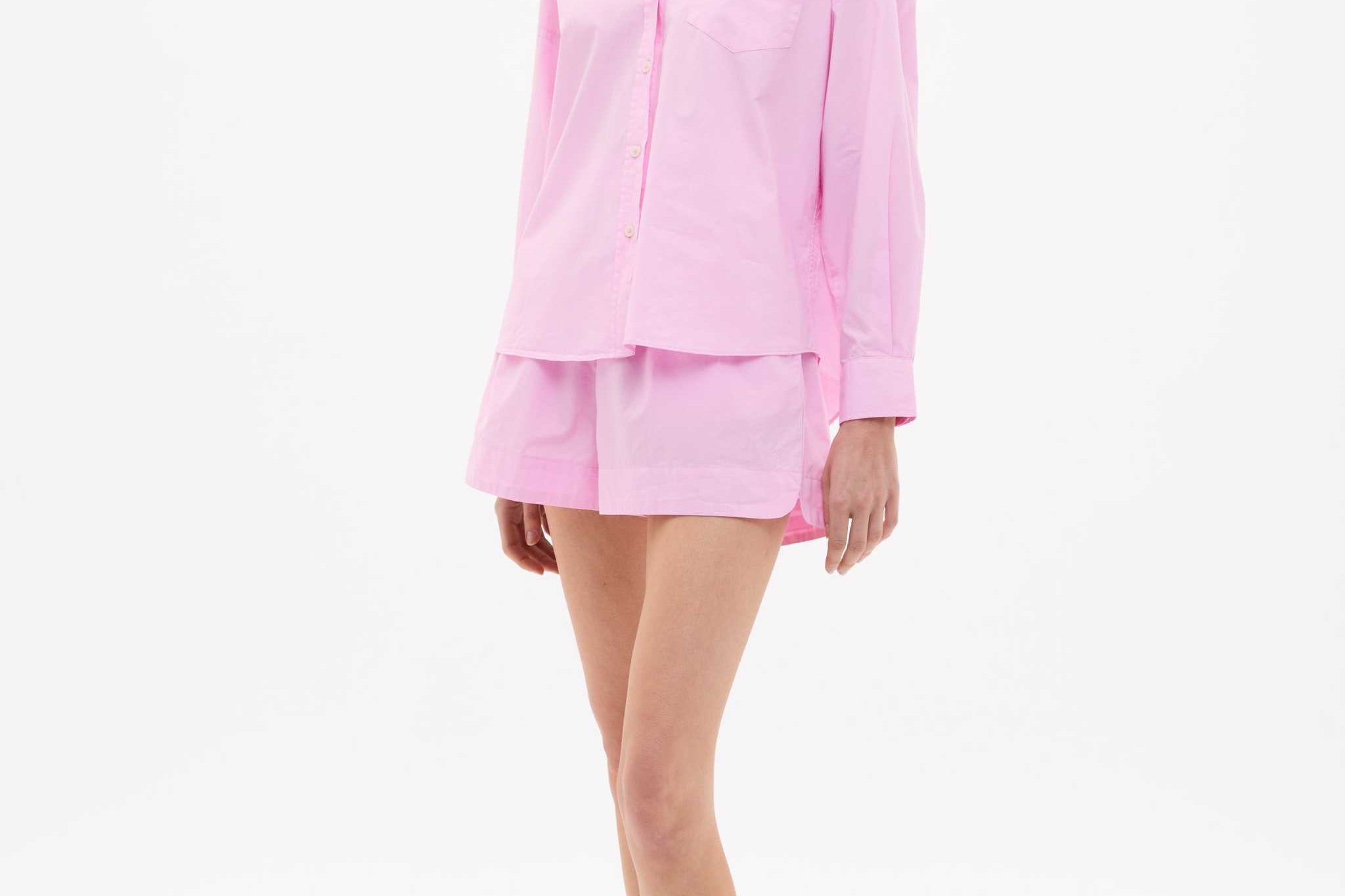 Oversized cotton button-up shirt for women in rose glow with chest pocket and drop shoulders