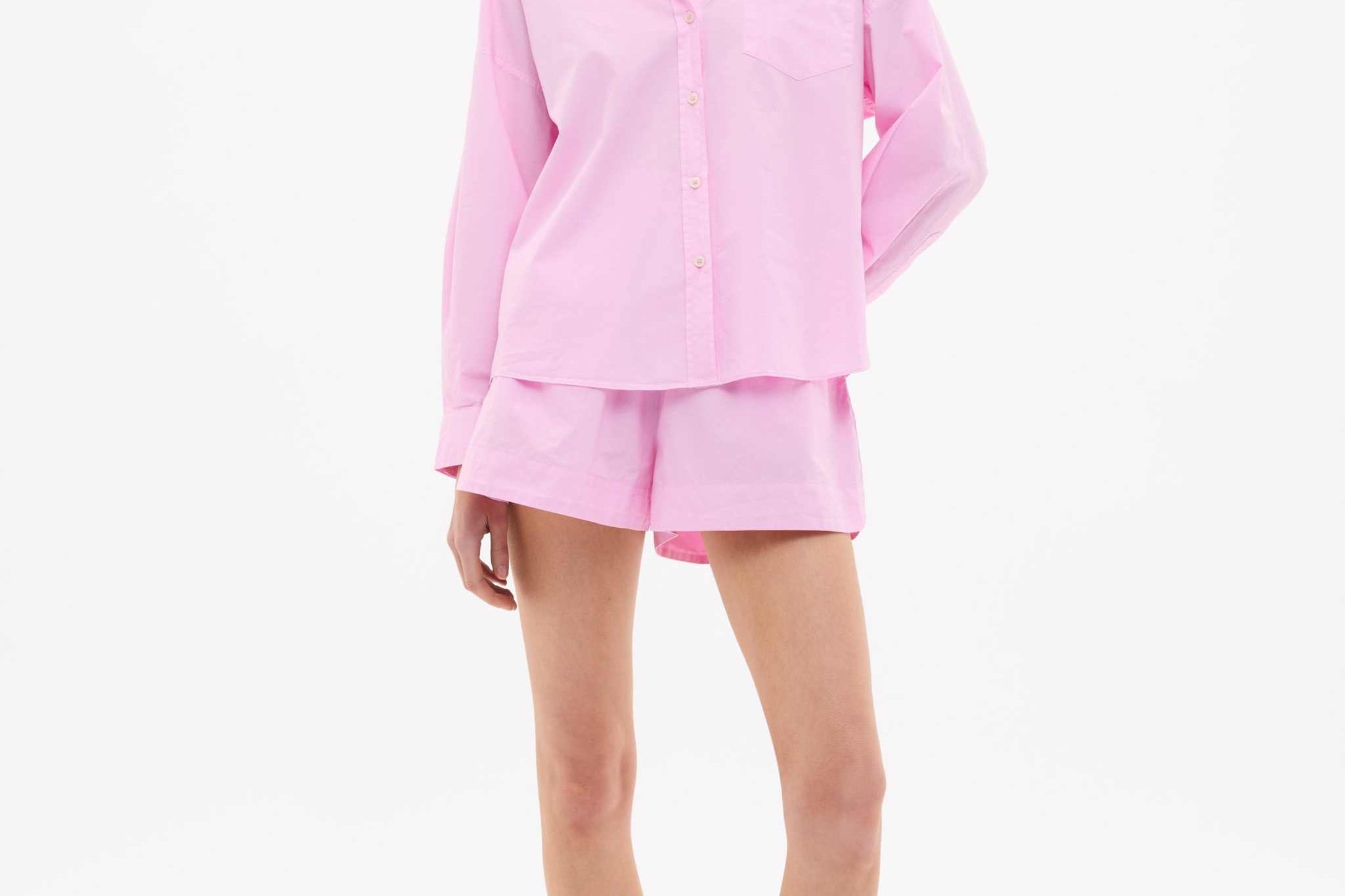 Oversized cotton button-up shirt for women in rose glow with chest pocket and drop shoulders