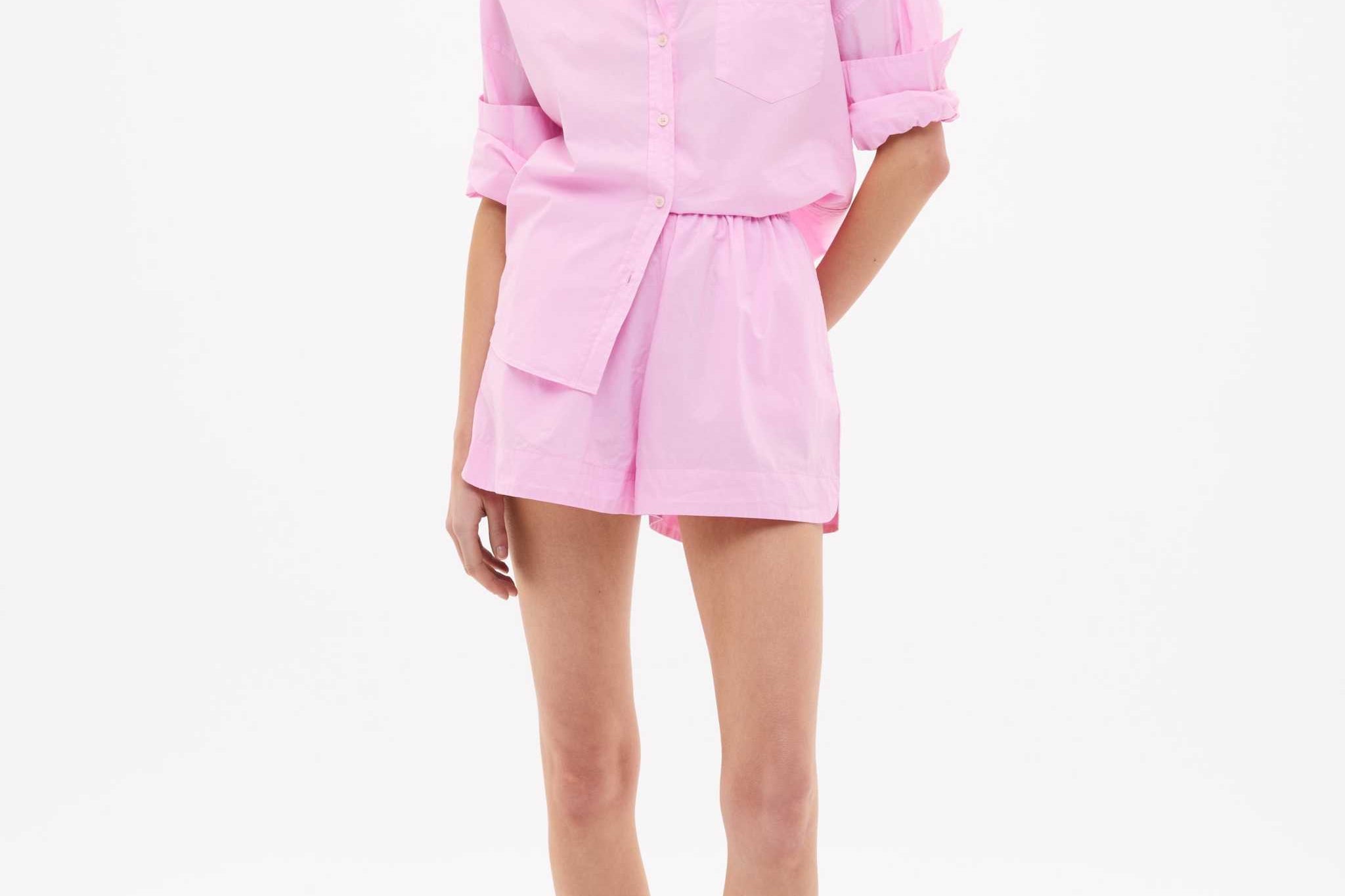 Oversized cotton button-up shirt for women in rose glow with chest pocket and drop shoulders