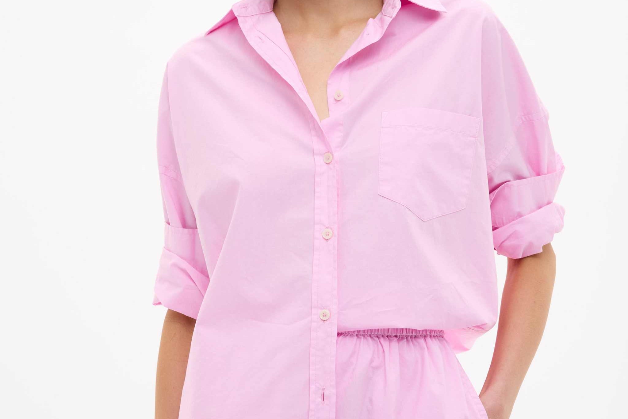 Oversized cotton button-up shirt for women in rose glow with chest pocket and drop shoulders