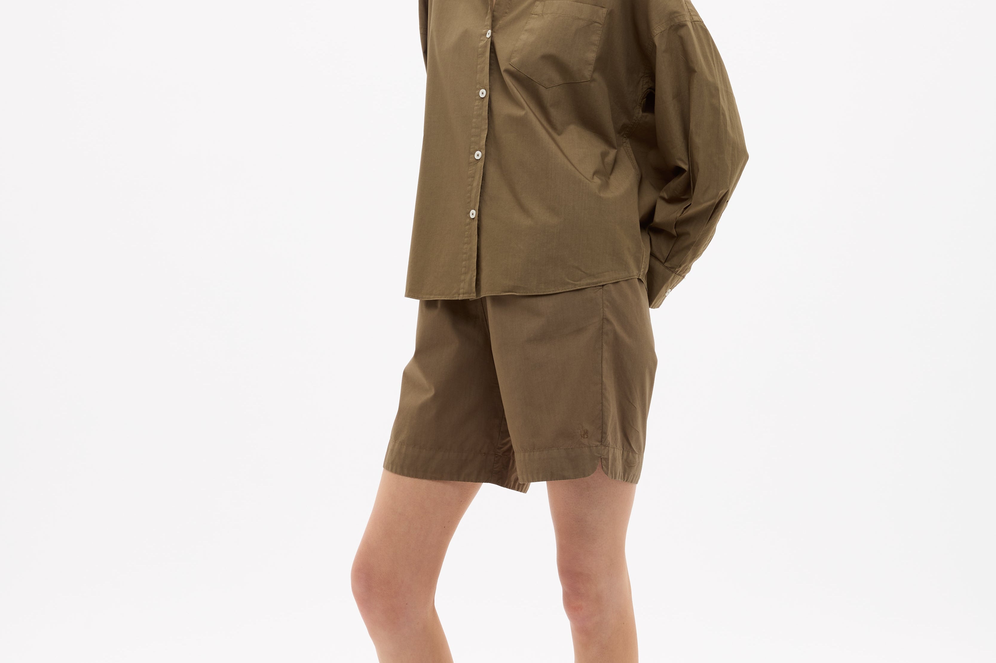 Dark olive Classic Long Sleeve Shirt with custom stripe, chest pocket, and drop shoulders in relaxed fit.