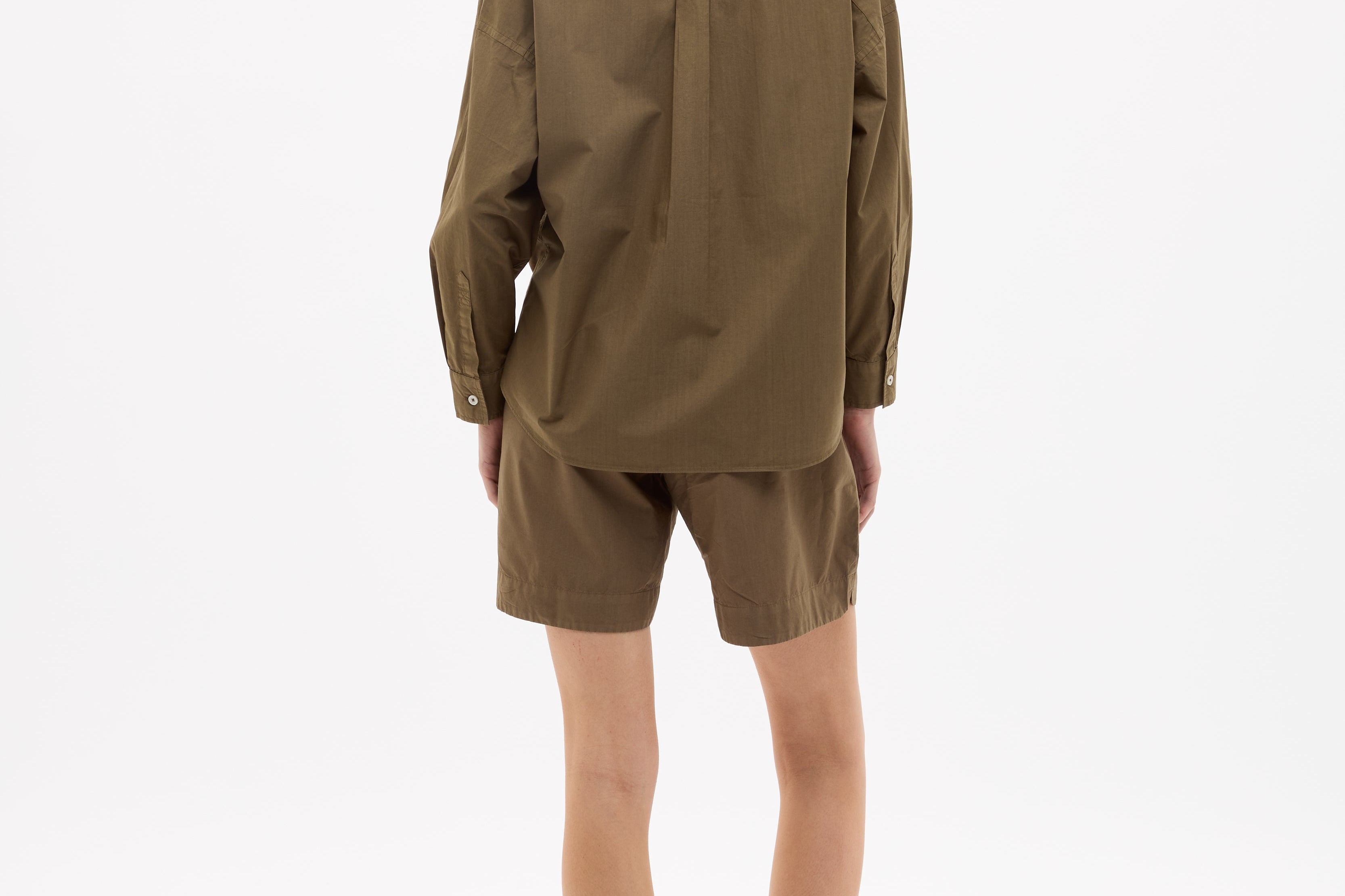 Dark olive Classic Long Sleeve Shirt with custom stripes, relaxed fit, chest pocket, and drop shoulders, made from 100% cotton.