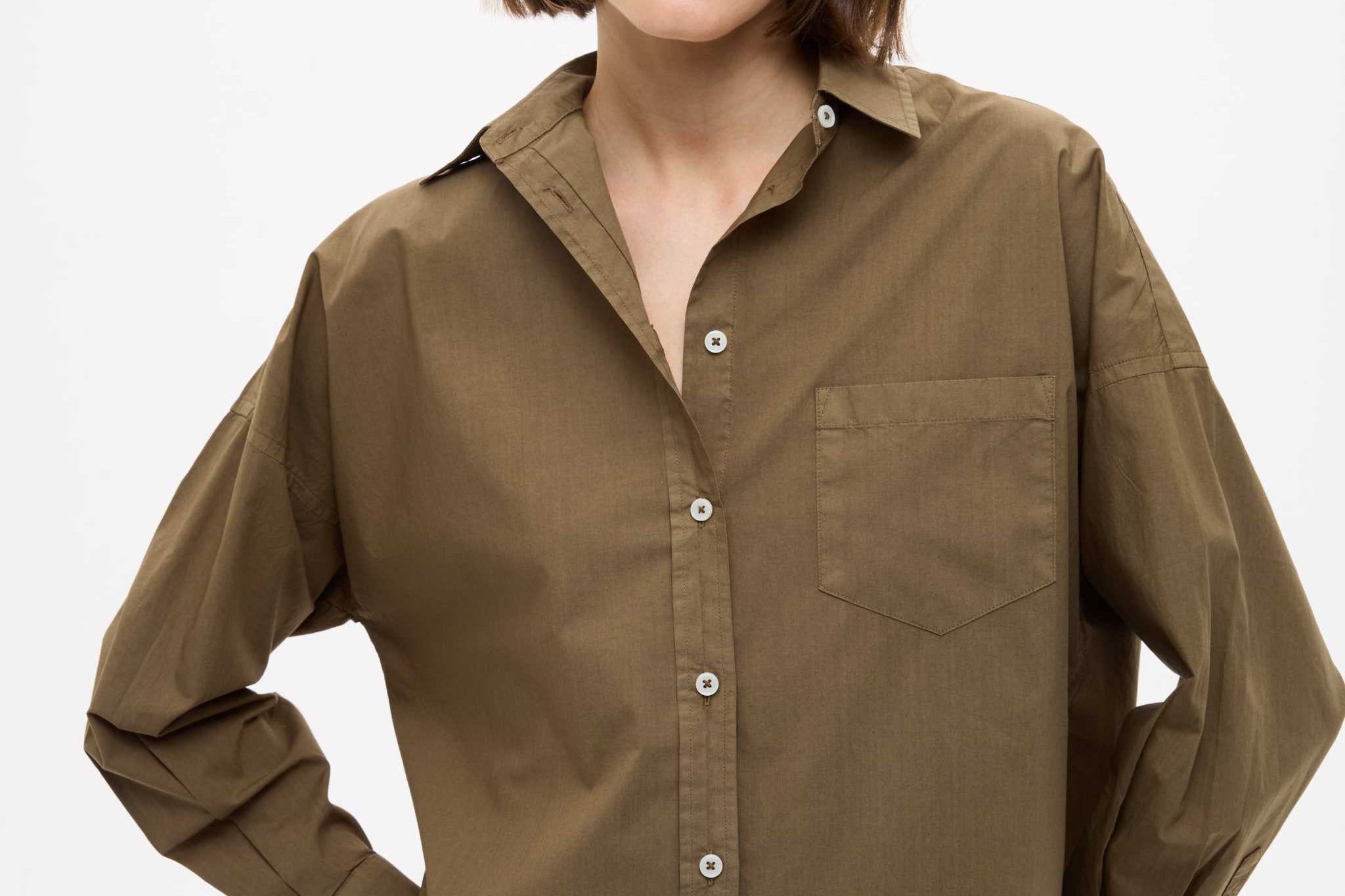 Dark olive Classic Long Sleeve Shirt with custom stripe, chest pocket, and relaxed fit made from 100% cotton