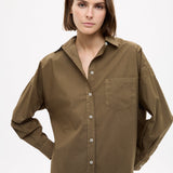 Dark olive Classic Long Sleeve Shirt with custom stripe, chest pocket, and relaxed fit made from 100% cotton