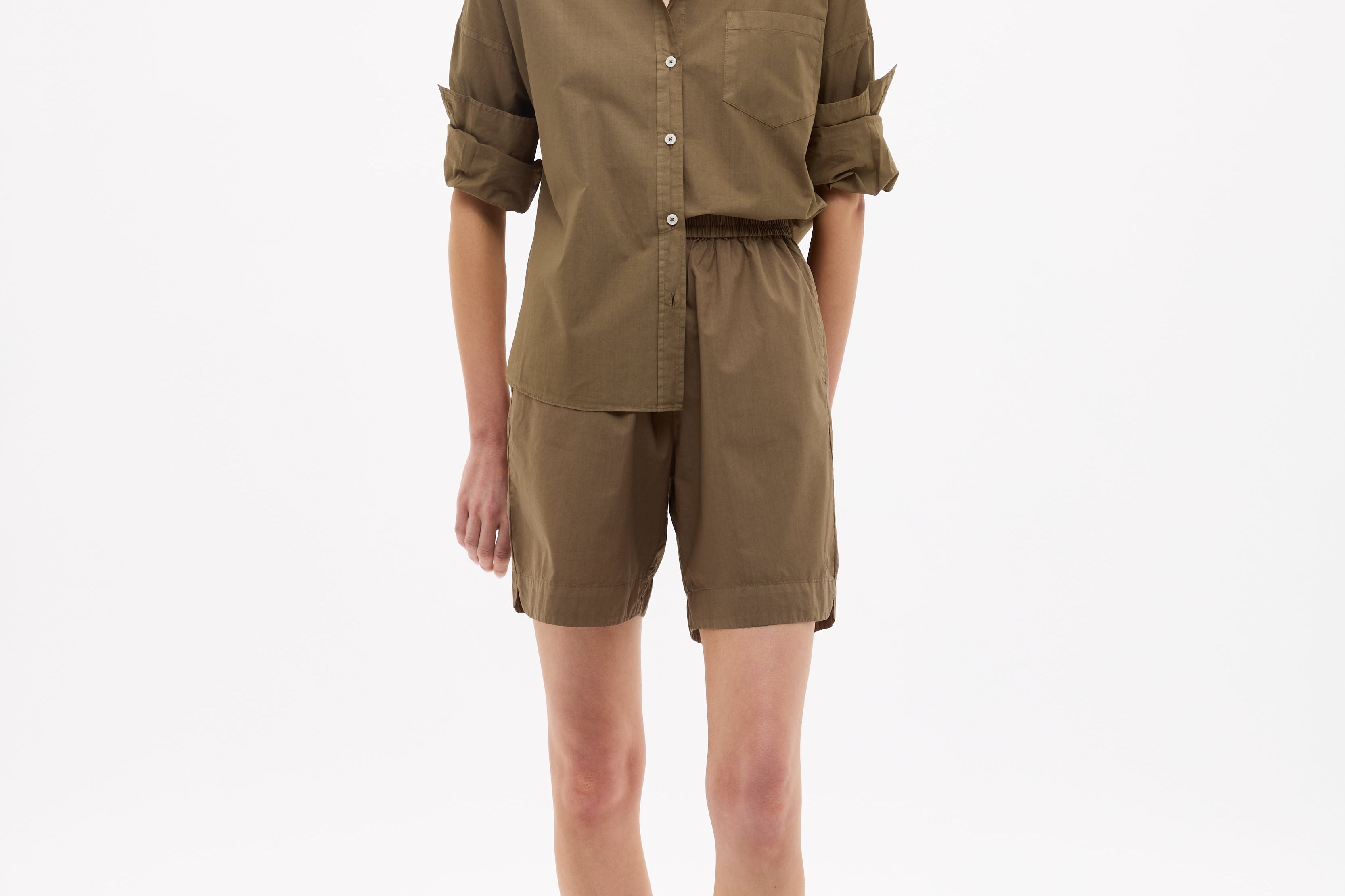 Dark olive Classic Long Sleeve Shirt with custom stripe, chest pocket, and relaxed fit.