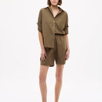 Dark olive Classic Long Sleeve Shirt with custom stripes, chest pocket, and relaxed fit made from 100% cotton.