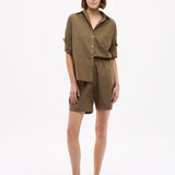 Dark olive Classic Long Sleeve Shirt with custom stripes, chest pocket, and relaxed fit made from 100% cotton.