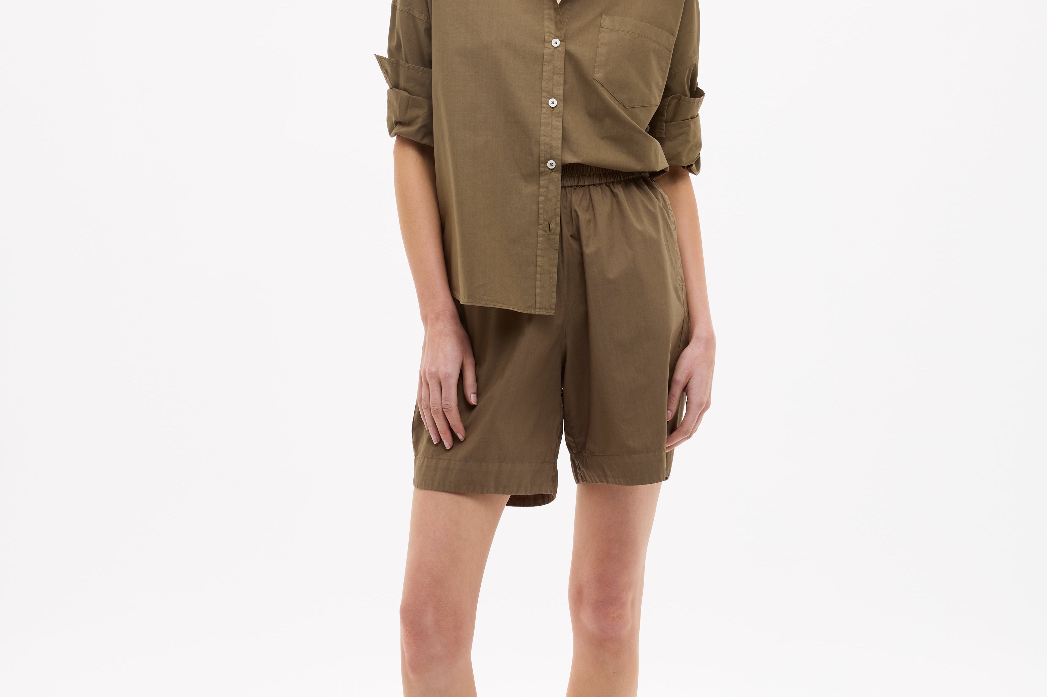 Dark olive Classic Long Sleeve Shirt with custom stripes, chest pocket, and relaxed fit made from 100% cotton.